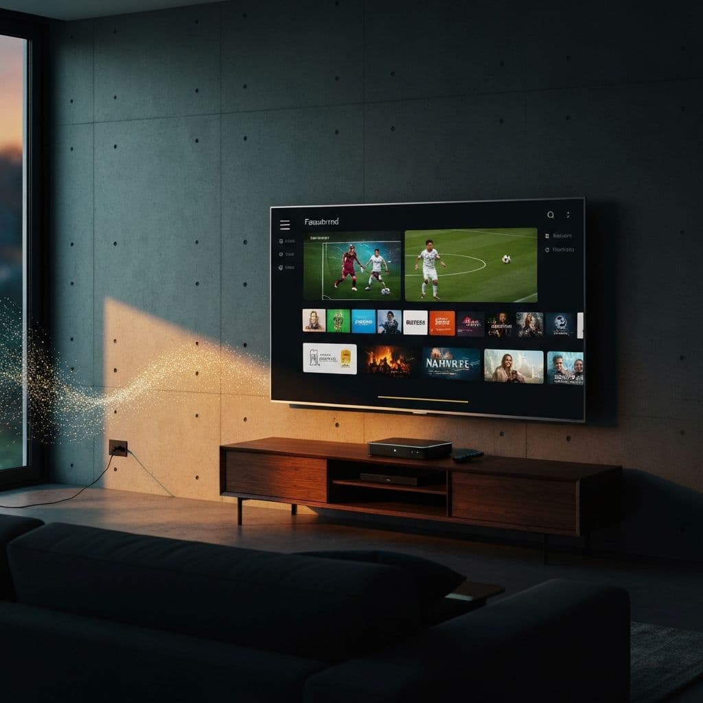 Modern living room with smart TV displaying IPTV interface with channels and streaming options