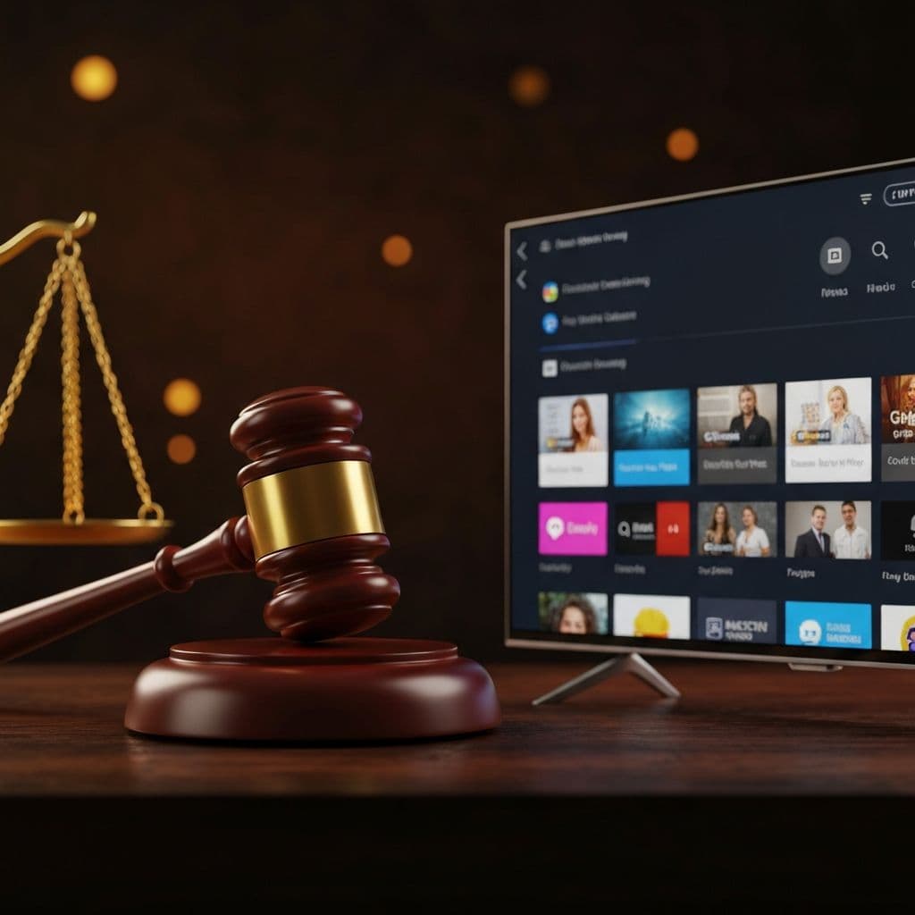 Legal gavel with IPTV streaming interface representing IPTV legality and compliance